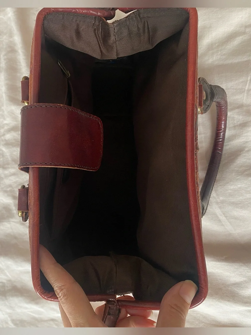 Vintage Leather Satchel Embossed Handbag Brown Medium Size Tooled Leather Boho